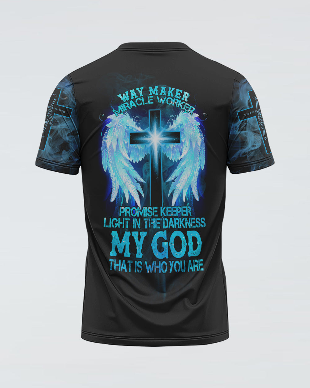 Way Maker Miracle Worker Promise Keeper Light In The Darkness Light Cross Wings Smoke Women's Christian Tshirt