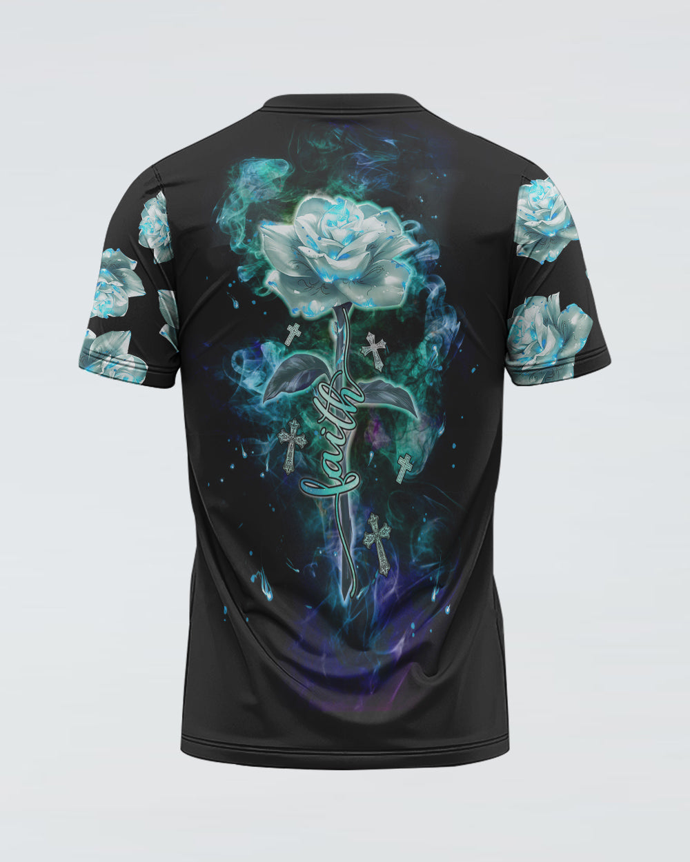 Faith Fire Rose Cross Light Smoke Women's Christian Tshirt