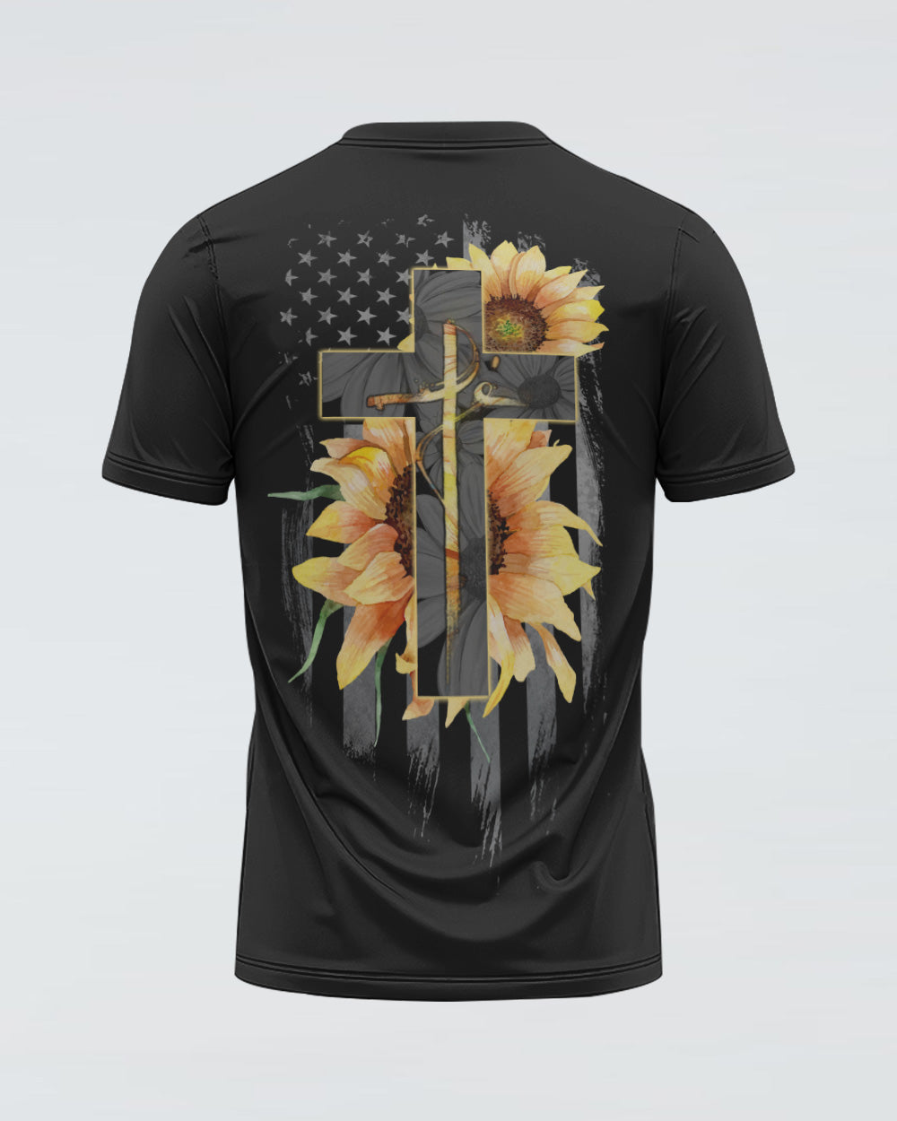 Fé Sunflower Cross American Flag Women's Christian Tshirt