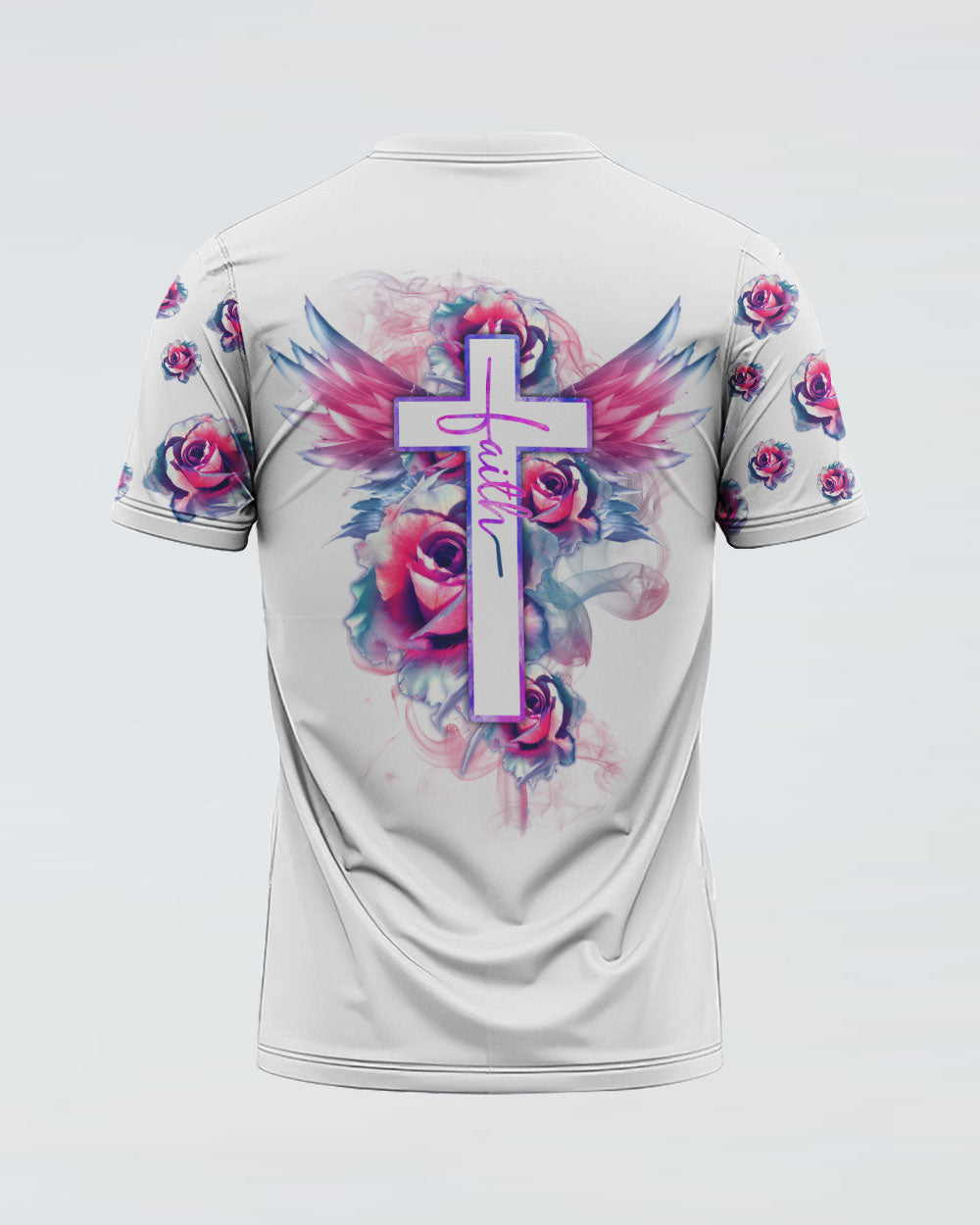 Watercolor Rose Faith Cross White Women's Christian Tshirt