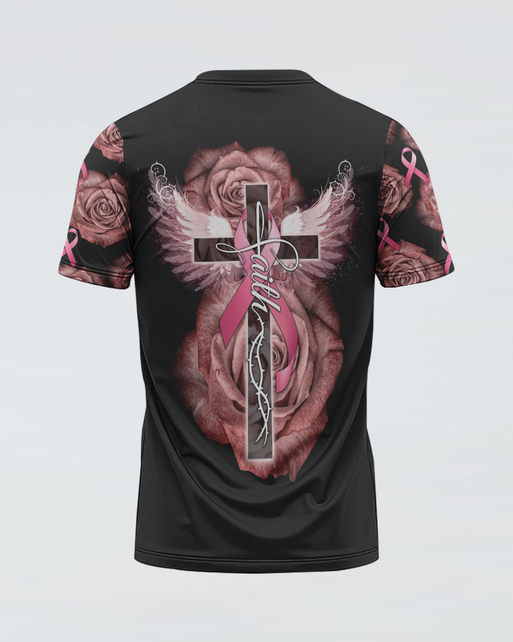 Faith Rose Cross Ribbon Wings Women's Christian Tshirt