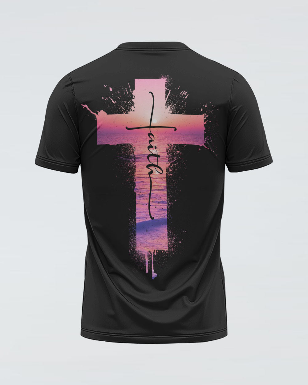 Faith Cross Pink Sunset Beach Women's Christian Tshirt