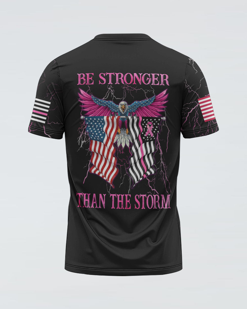 Be Stronger Than The Storm Eagle With Flag Women's Breast Cancer Awareness Tshirt