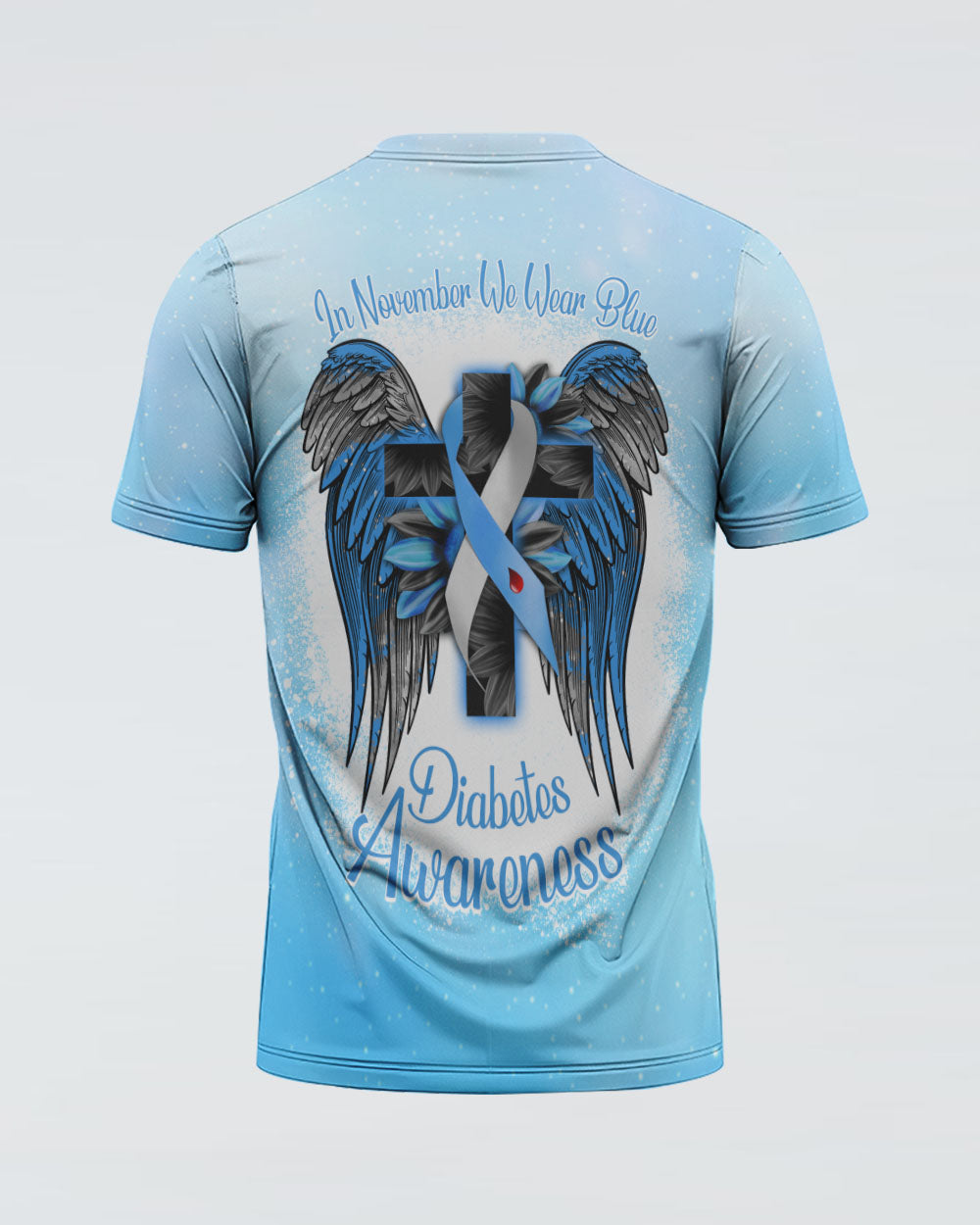 In November We Wear Blue Wings Sunflower Cross Bleached Women's Diabetes Awareness Tshirt