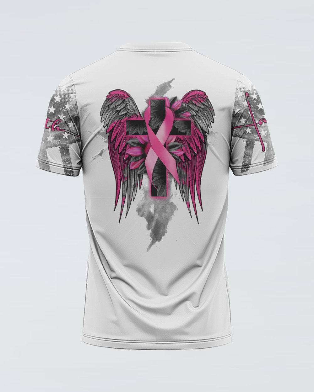 White Faith Cross Ribbon Wings Women's Breast Cancer Awareness Tshirt