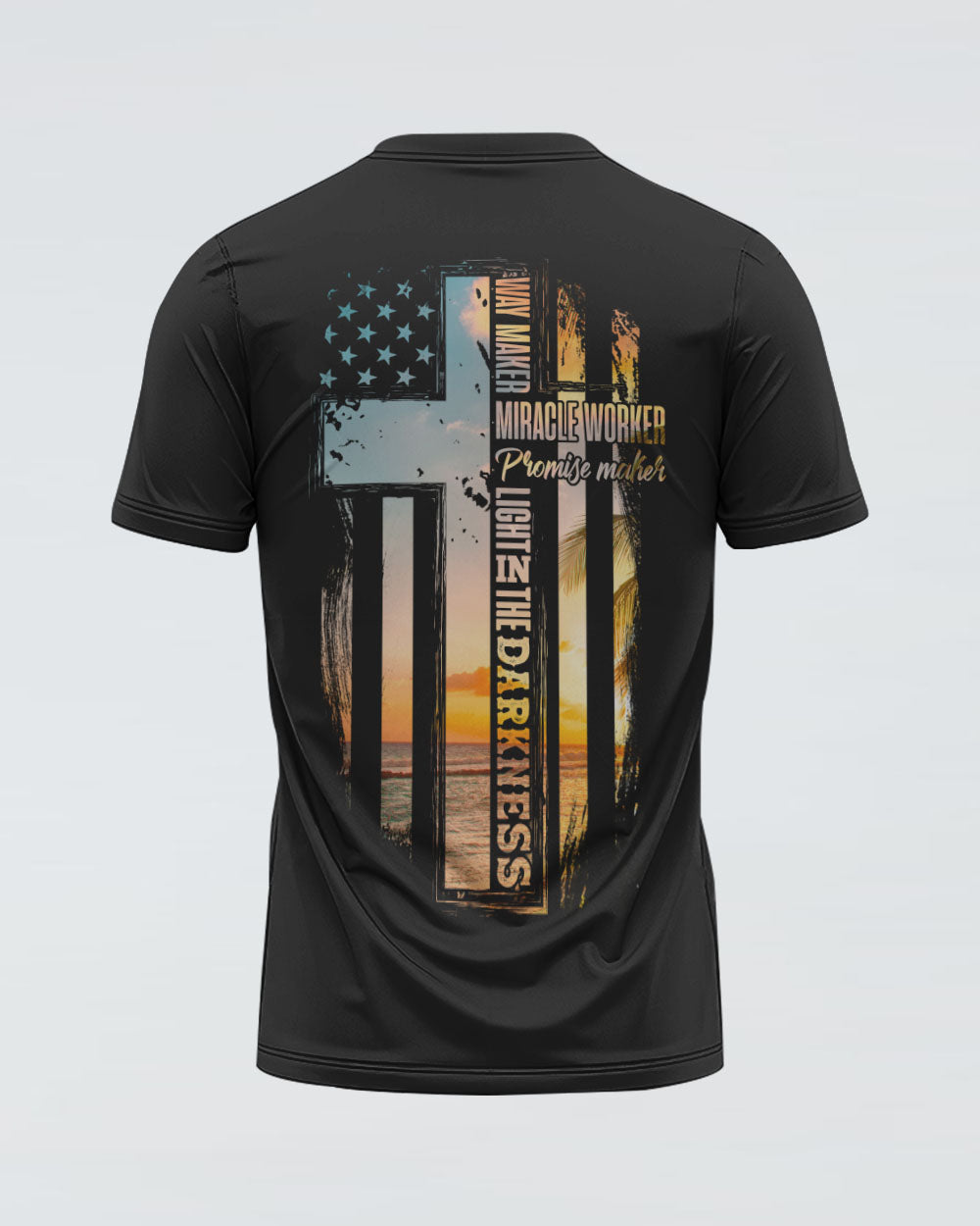 Way Maker Miracle Worker Sunset Beach Flag Half Cross Women's Christian Tshirt
