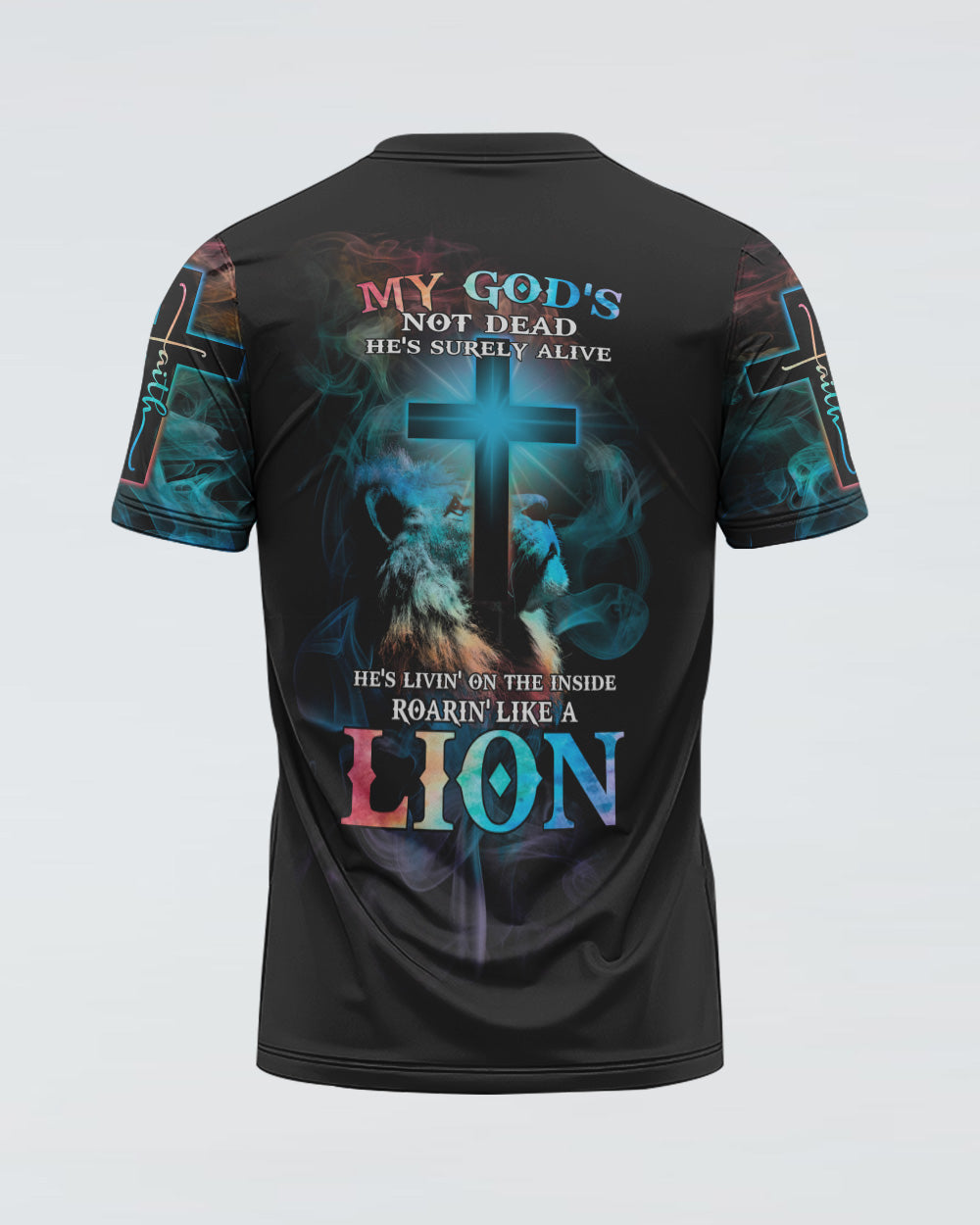 My God's Not Dead He's Surely Alive Lion Cross Light Smoke Women's Christian Tshirt