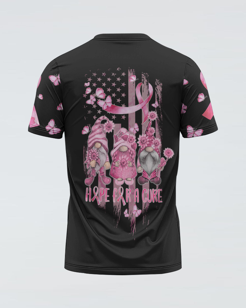 Hope For A Cure Gnome Pink Ribbons Flag Women's Breast Cancer Awareness Tshirt