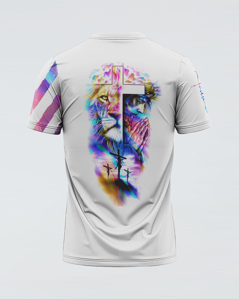 Jesus Lion Cross Colorful Flag Women's Christian Tshirt