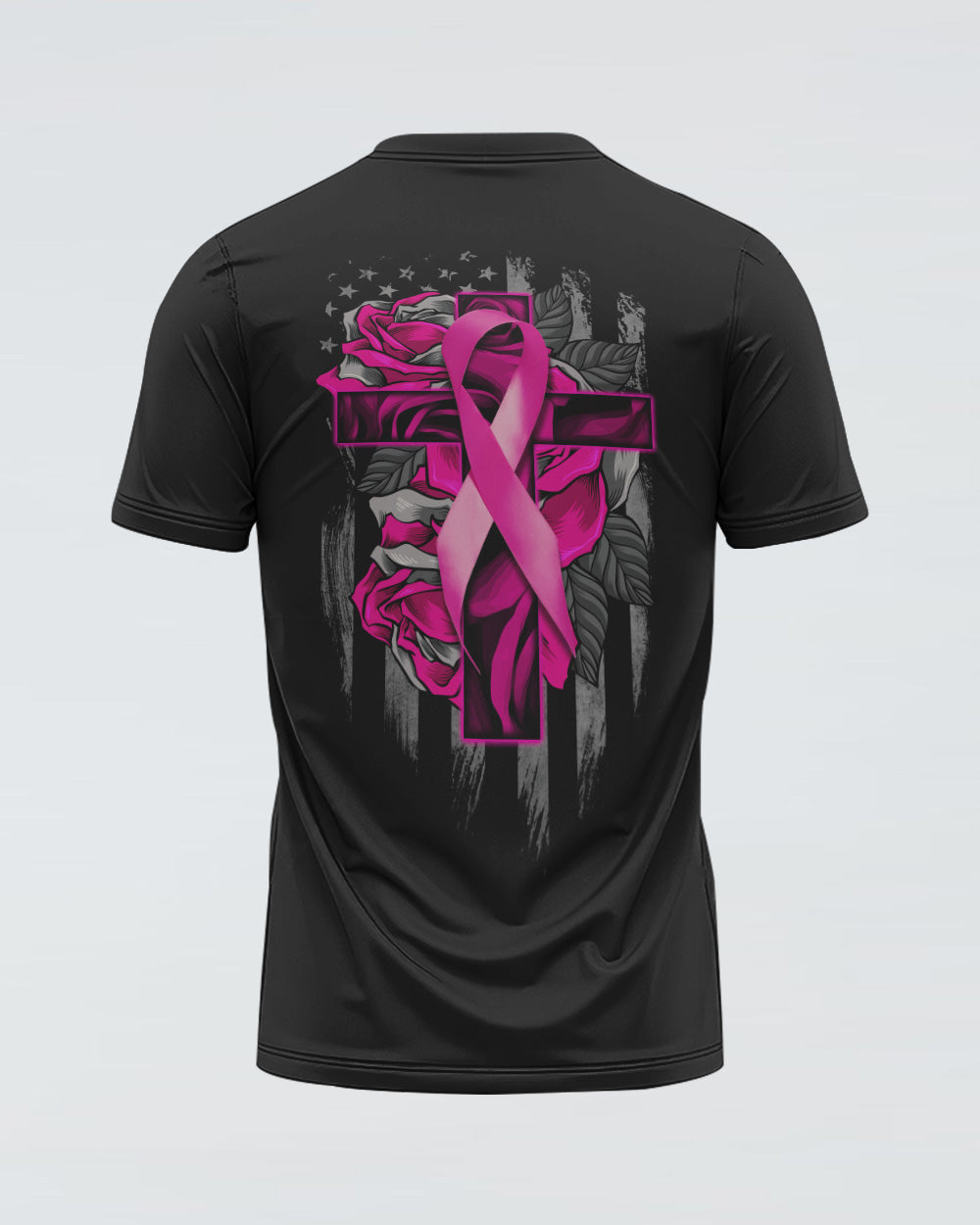 Rose With Ribbon Cross Flag Women's Breast Cancer Awareness Tshirt