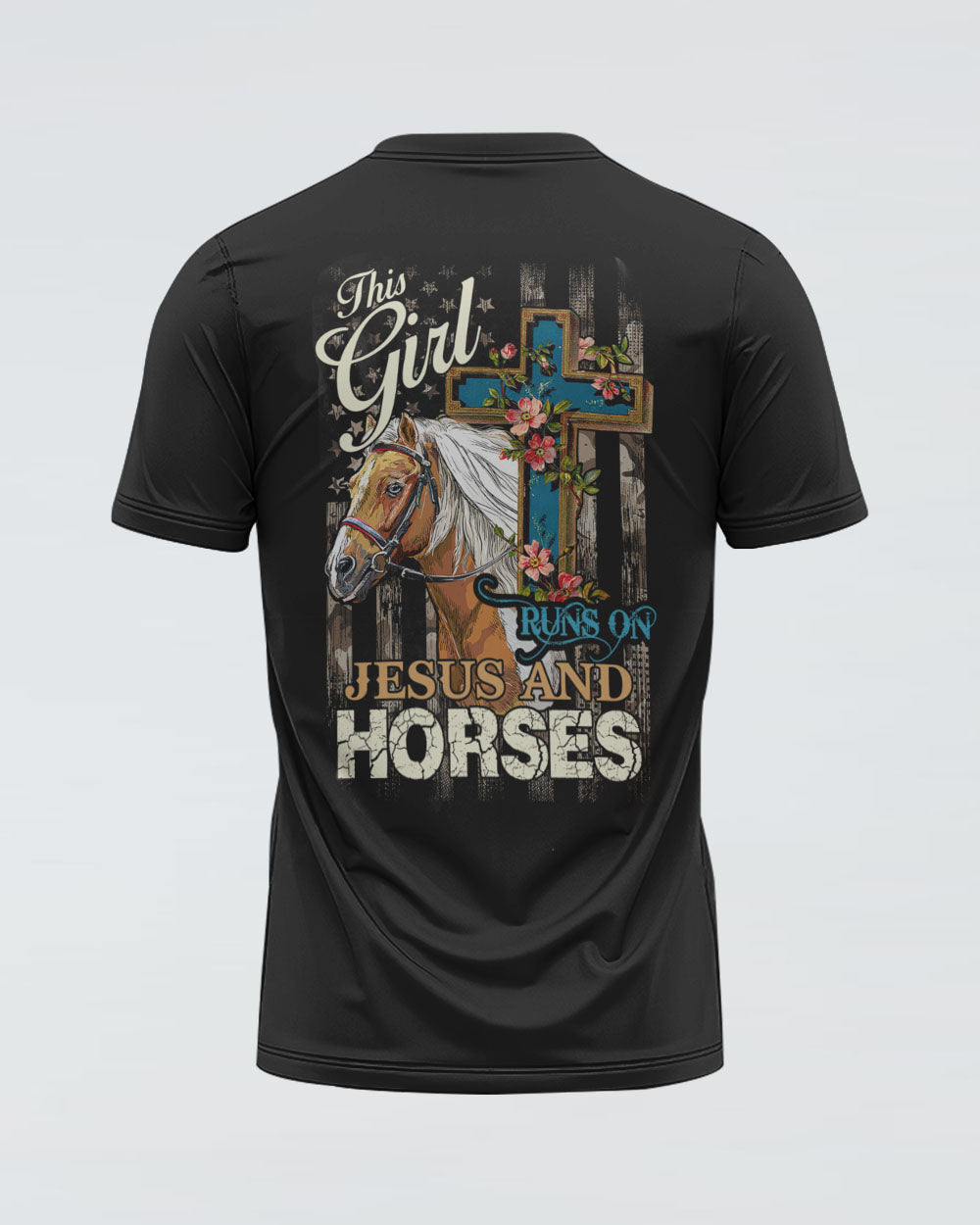 This Girl Runs On Jesus And Horses Cross Women's Christian Tshirt