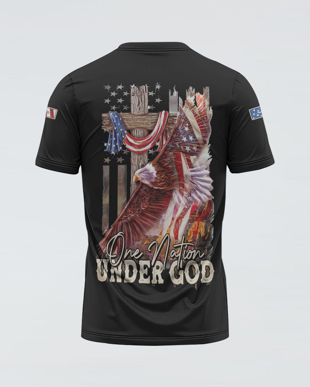 One Nation Under God Eagle Cross American Flag Women's Christian Tshirt