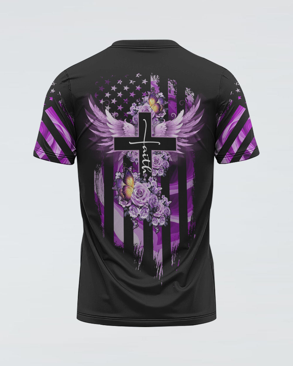 Purple Butterfly Rose Cross Faith Flag Women's Christian Tshirt