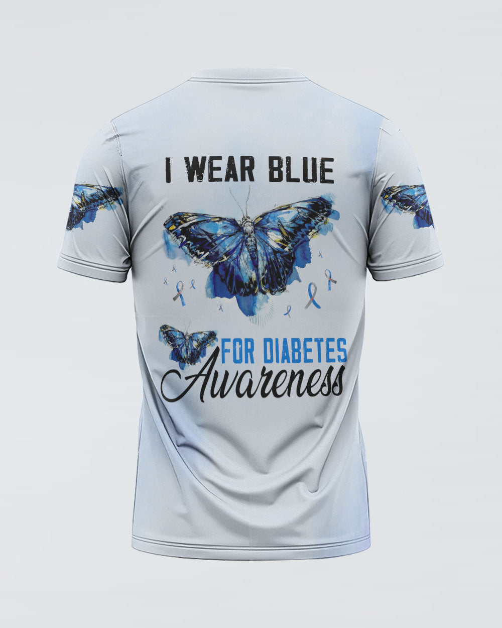 I Wear Blue For Diabetes Awareness Watercolor Butterfly Women's Diabetes Awareness Tshirt