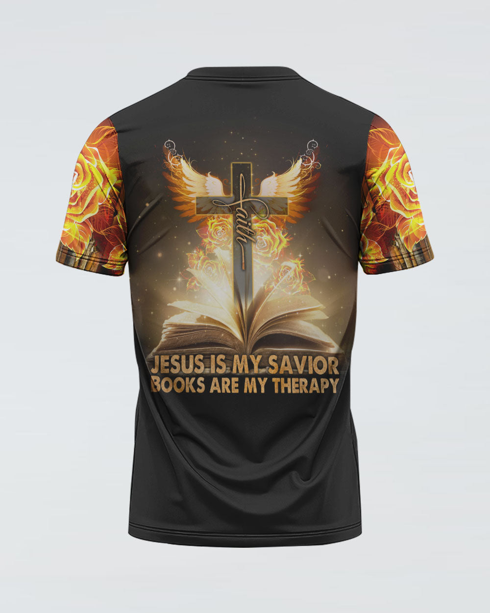 Jesus Is My Savior Books Are My Therapy Gold Faith Cross Women's Christian Tshirt