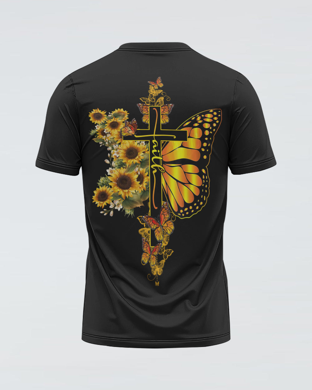 Cross Sunflower Half Butterflies Faith Women's Christian Tshirt
