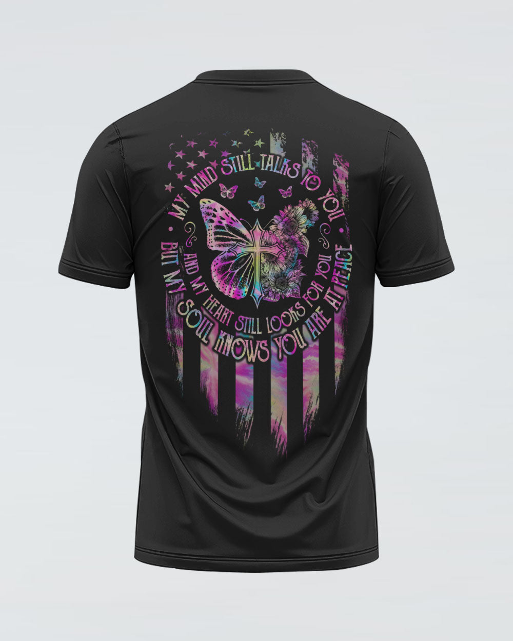 My Mind Still Talks To You Butterfly Cross Flag Women's Christian Tshirt