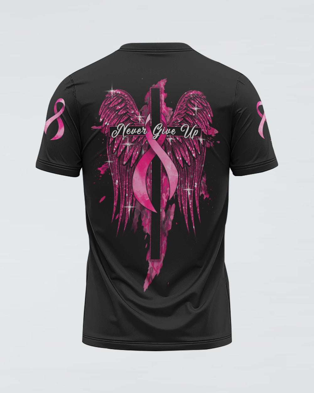 Never Give Up Glitter Wings Women's Breast Cancer Awareness Tshirt