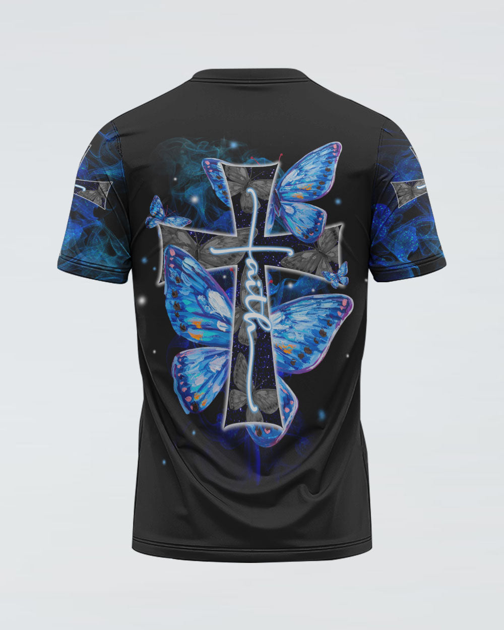 Faith Cross Blue Butterfly Smoke Women's Christian Tshirt