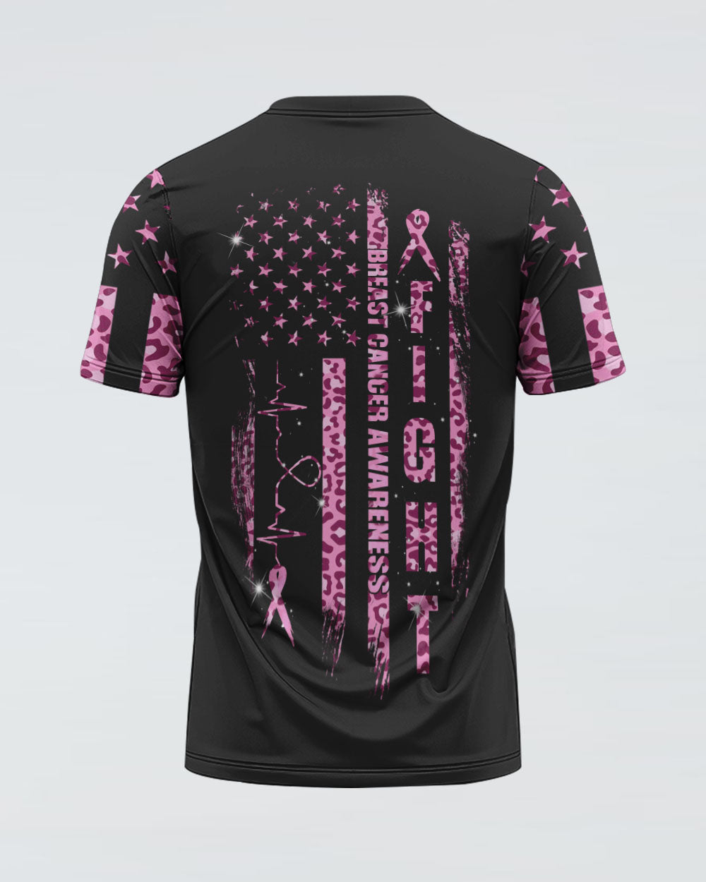 Fight Heartbeat Leopard Flag Women's Breast Cancer Awareness Tshirt