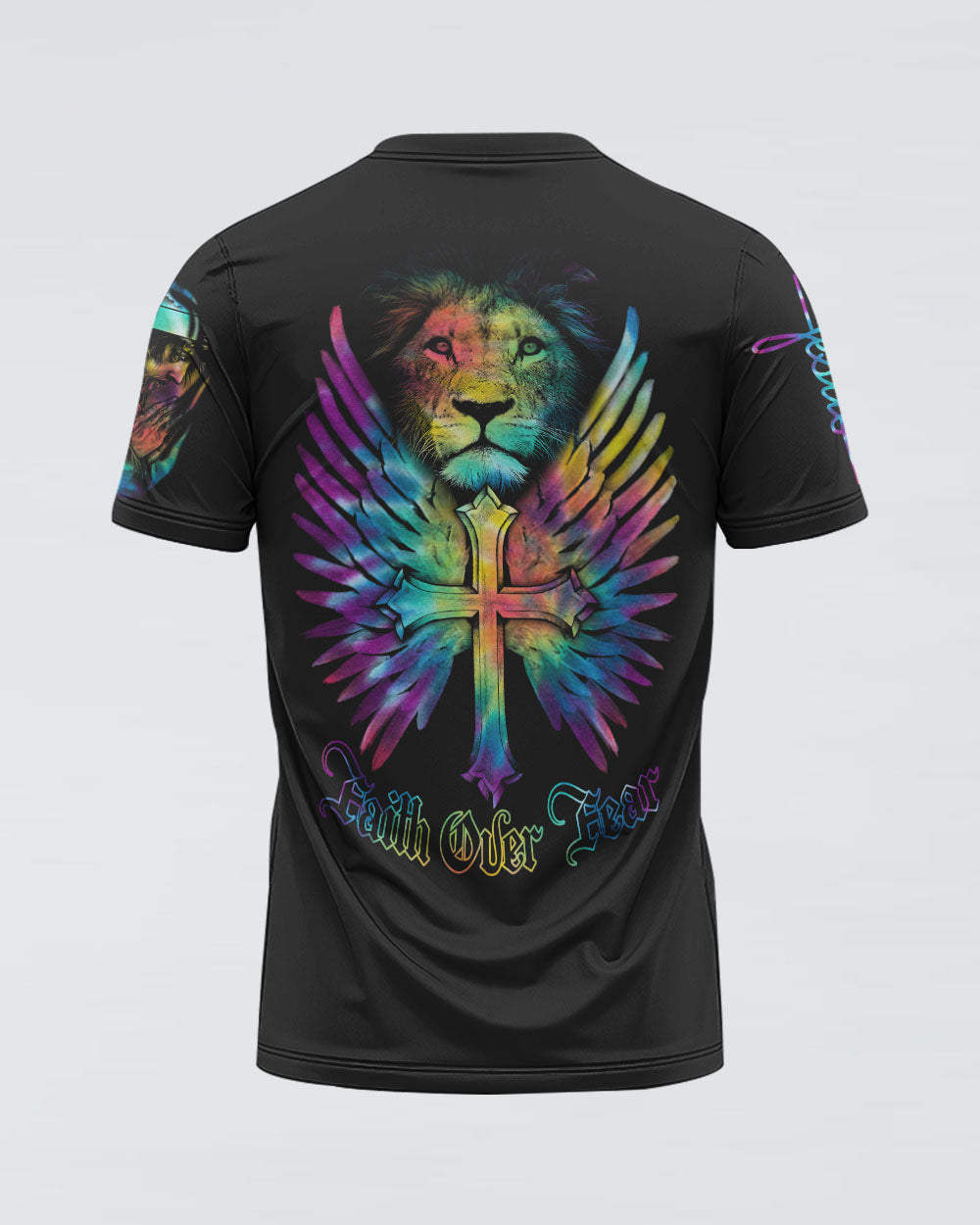 Faith Over Fear Lion Cross Colorful Women's Christian Tshirt