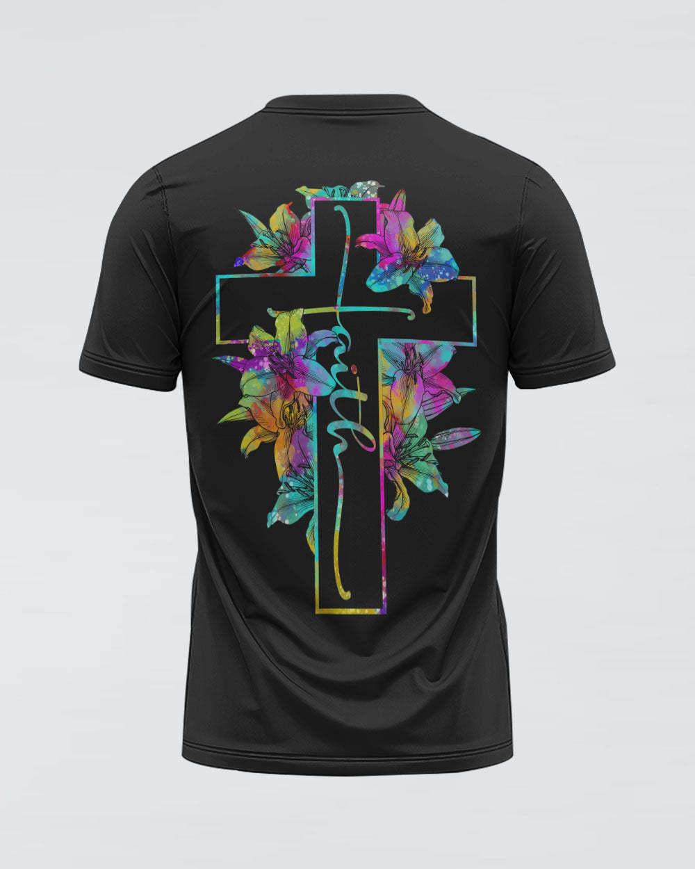 Cross With Lilies Colorful Watercolor Women's Christian Tshirt