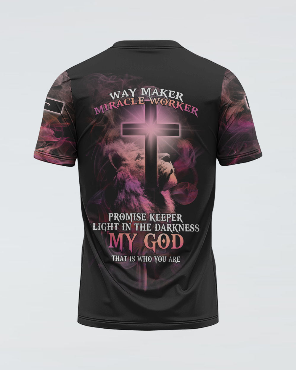 Way Maker Miracle Worker Lion Cross Pink Smoke Women's Christian Tshirt
