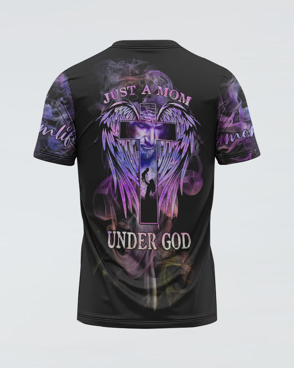 Just A Mom Under God Cross Wings Women's Christian Tshirt