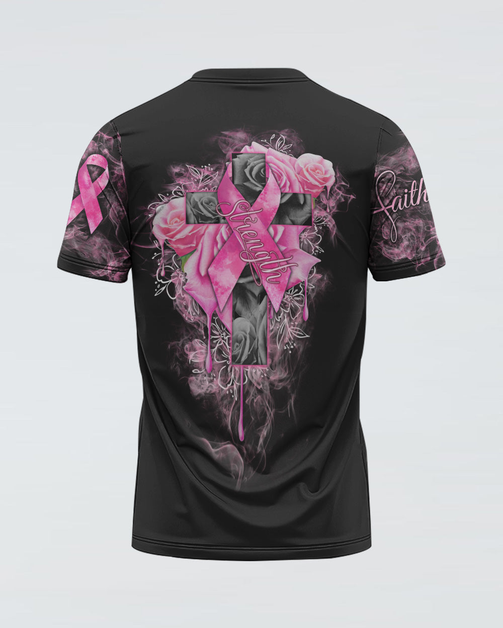 Strength Rose Cross Ribbon Women's Breast Cancer Awareness Tshirt