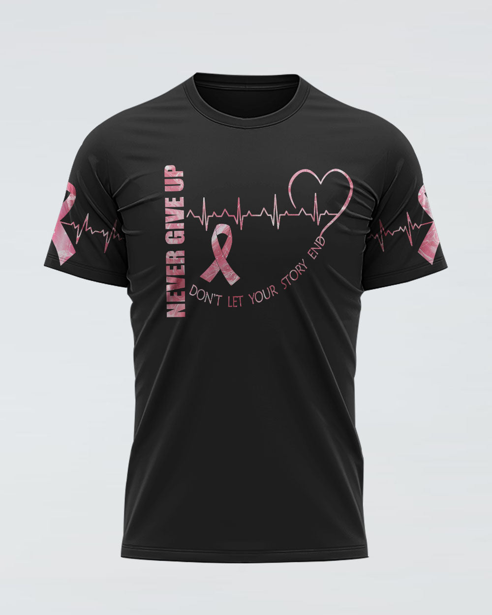 Pink Ribbon Heart Beat Flag Women's Breast Cancer Awareness Tshirt
