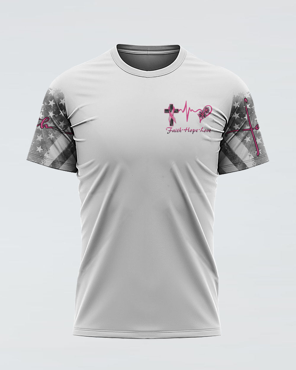 White Faith Cross Ribbon Wings Women's Breast Cancer Awareness Tshirt